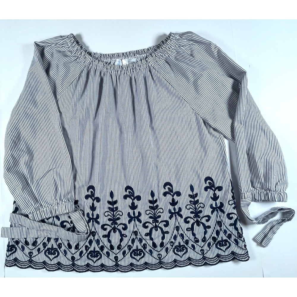 Blouse Womens Small Blue Stripe Embroidered Eyelet Time Tru Coastal Artisan
